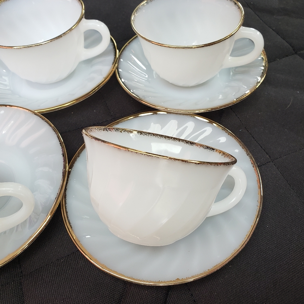 Fire King Milk Glass Gold Rimmed Teacups and Saucers